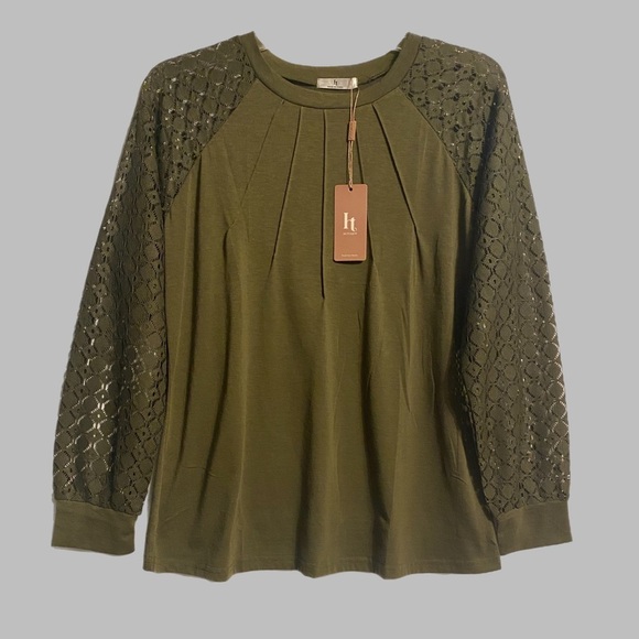 Boho Blouse Pleated Bodice Delicate Olive Crew Neck Lace long sleeves New w/ tag - Picture 6 of 11